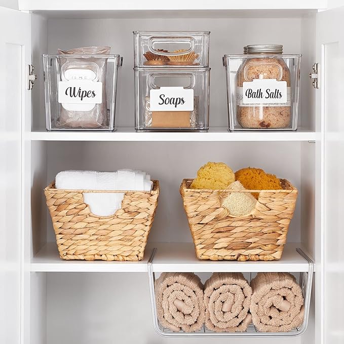mDesign Plastic Bathroom Storage Container Bins w/ Handles - Closet, Cabinet, Vanity, Cupboard Shelf Organization, Hair Tools Accessory Organizer - Ligne Collection; Clear, 10x6x3 (Pack of 4)