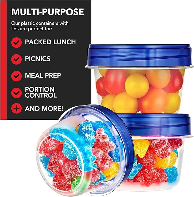 Stock Your Home 4oz Plastic Containers with Twist Top Lids (6 Pack), 1/2 Cup Small Freezer Containers for Leftover Food, Airtight Reusable Soup Containers with Lids, Microwave and Dishwasher Safe