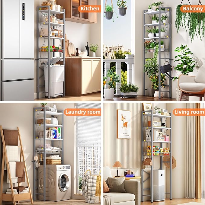 Over-The-Toilet Storage Rack, 4-Tier Bathroom Organizer Shelf Over Toilet with Adjustable Shelf and Basket, Freestanding Space Saver Bathroom Shelves Above Toilet for Room (Gray White)