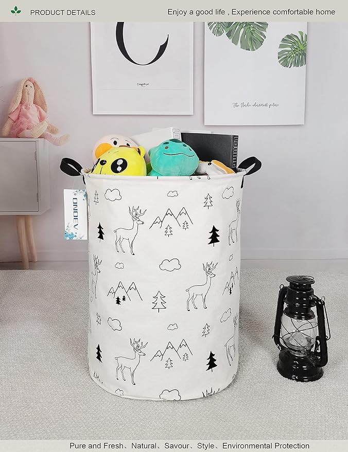 Round Fabric Storage Bin,Decorative Basket,Organizer Basket with Handles,for Clothes Storage,books and sundries(Forest deer), 19.7inch(H) x 15.7inch(D)