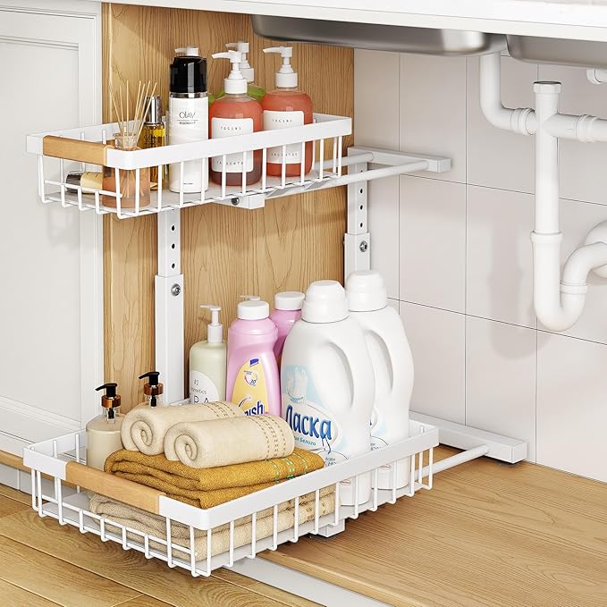 PXRACK Under Sink Organizer, Adjustable Height, 2-Pack 2 Tier Pull Out Under Cabinet Organizer, Slide Out Thickened Metal Under Sink Storage for Kitchen Bathroom Laundry Pantry Cabinet, L, White