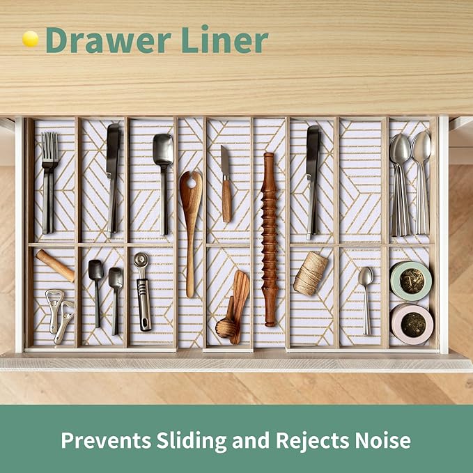 Shelf Liners for Kitchen Cabinets 12in x 30FT, Non Adhesive Cabinet Liner Strong Non-Slip Thickened Gold Geometric Drawer Liner, Easy to Clean for Shelf, Cabinet with Knife and Tape Measure