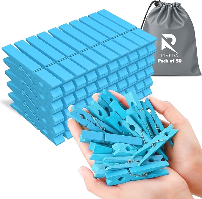 RIVEDA 50pcs Colored Wooden Clothes Pins, 2.9inch, Clothespins for Classroom, Clip Hanging Photos, DIY Clips for Crafts, Decorations (Light Blue)