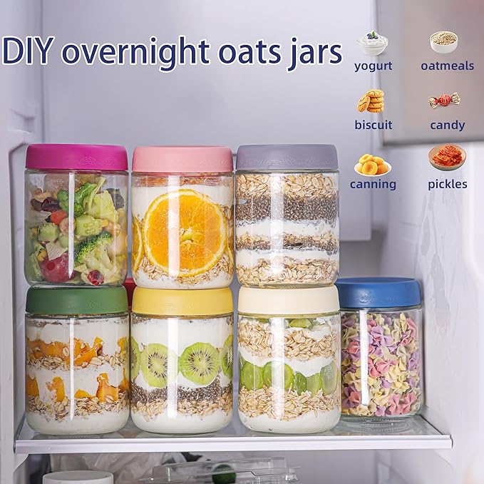 16 OZ Overnight Oats Jars with Lids 8 Pack, Glass Meal Prep Containers, Reusable Food Storage Jars, Airtight Mason Jars for Breakfast, Yogurt Parfait, Salad, Smoothies(8 Pack)