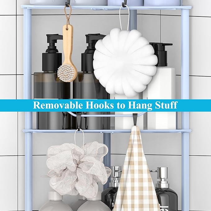 3 Tier Floor Standing Corner Shower Caddy Organizer Shelf with Hooks, Bathroom Shelves Stand Rack, Blue