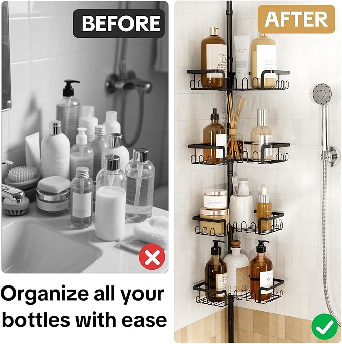 Corner Shower Caddy Tension Pole Adjustable 29–124 Inch, 4 Tier Rustproof Shower Organizer Shelf Rack, Quick Installation Bathroom Storage Shower Caddy Corner Pole, Black