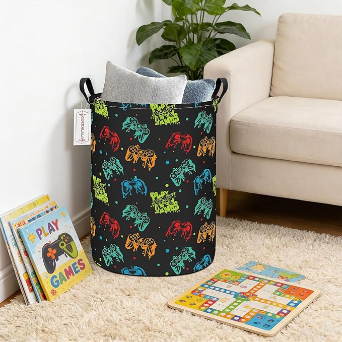 QUEENLALA Large Storage Basket,Laundry Hamper/Bathroom/Home Decor/Collapsible Round Storage Bin,Boys and Girls Hamper/Boxes/Clothing(Round-Black Game)