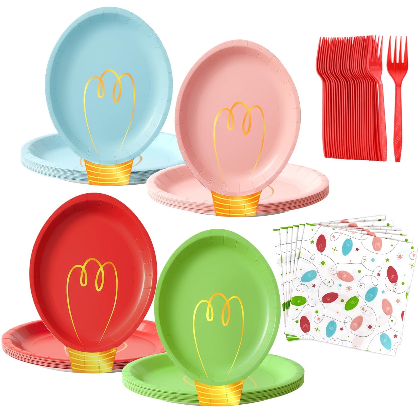 Christmas Plates and Napkins, Light Bulb Party Tableware Set, Serves 25