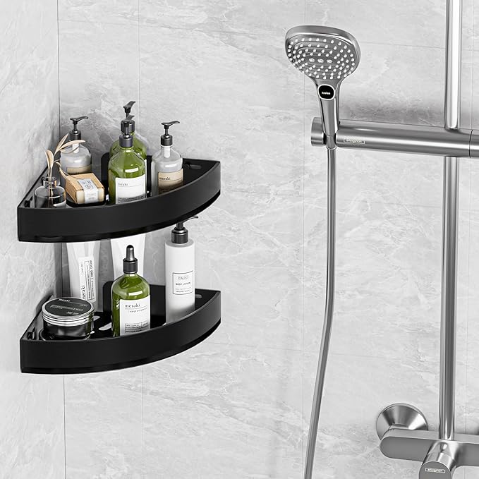 Black Corner Shower Caddy - Rustproof Aluminium Triangle Shower Shelf - No Drill & Drill Installation - 2 Bathroom Shelves Wall Mounted (20LB Capacity/Tier)