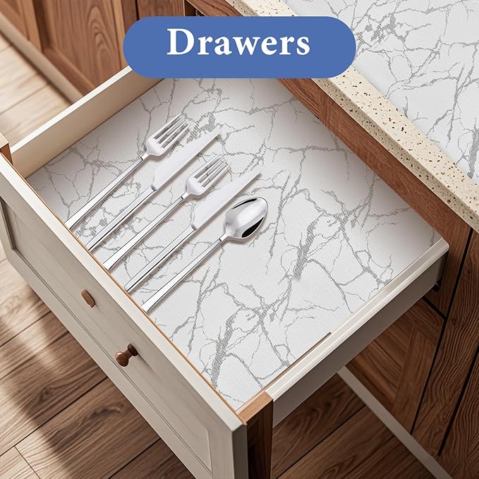 Drawer and Shelf Liner for Kitchen Cabinet: 12 in X 20 Ft Non Slip Waterproof Shelf Paper Non Adhesive Refrigerator Liners Silver Marble Easy Liners for Bathroom with Knife Tape Measure