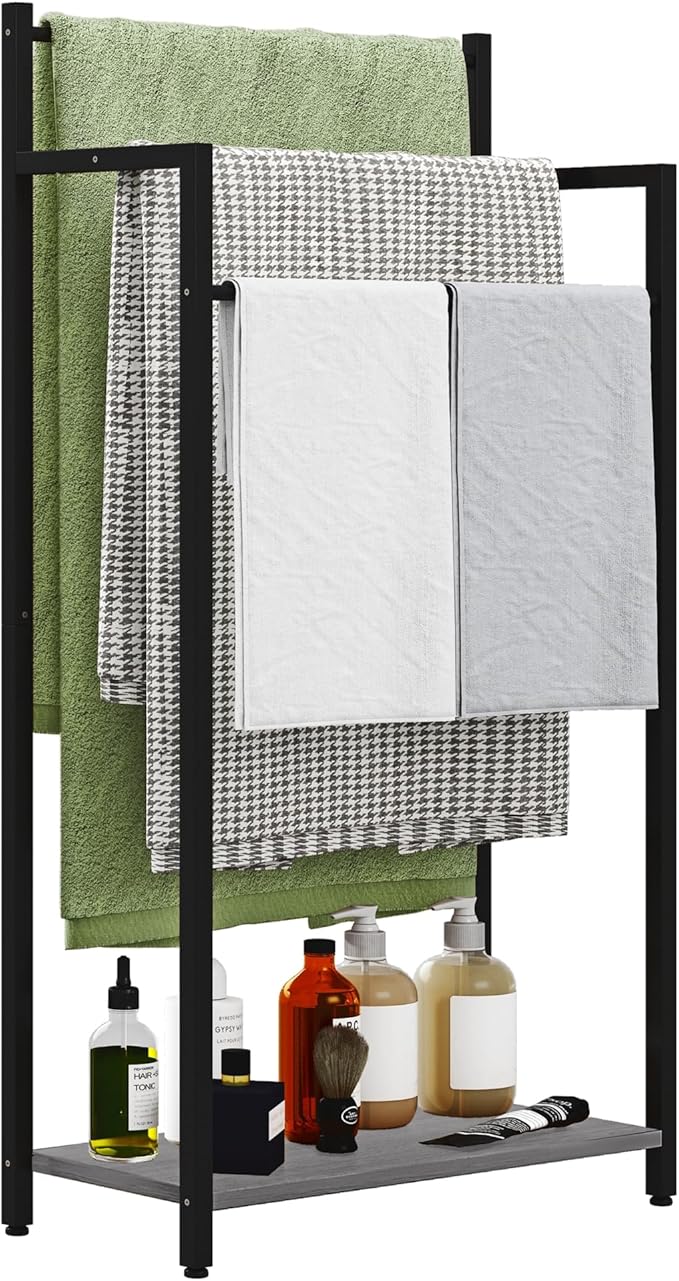 Freestanding Towel Rack, 3 Tier Blanket Ladder Stand with Oak Grey Wooden Shelf for Bathroom Living Room (31.5”H x 16.9”W x7.9”D)