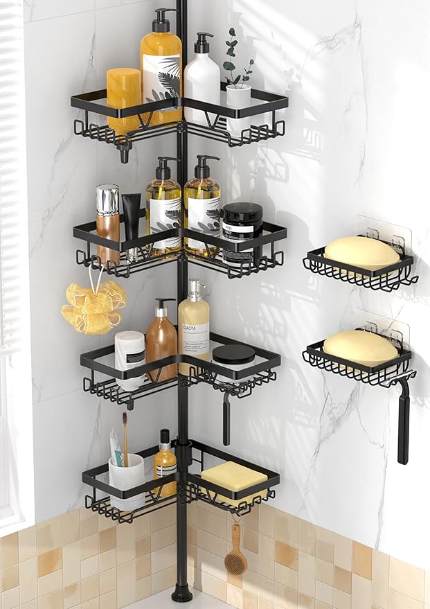 Corner Shower Caddy - 4-Tier Shower Caddy Tension Pole with 2 Removable Soap holders Bathroom Shampoo Holder for Bathtub & Corner, Black, Floor to Ceiling 25-114.2 inch