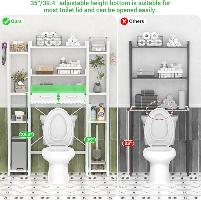 Over The Toilet Storage with 2 Drawers - 11 Tier Bathroom Organizer Freestanding Space Saver Storage Rack with Adjustable Shelf Above Toilet Stand with 4 Hooks for Restroom, Laundry, White