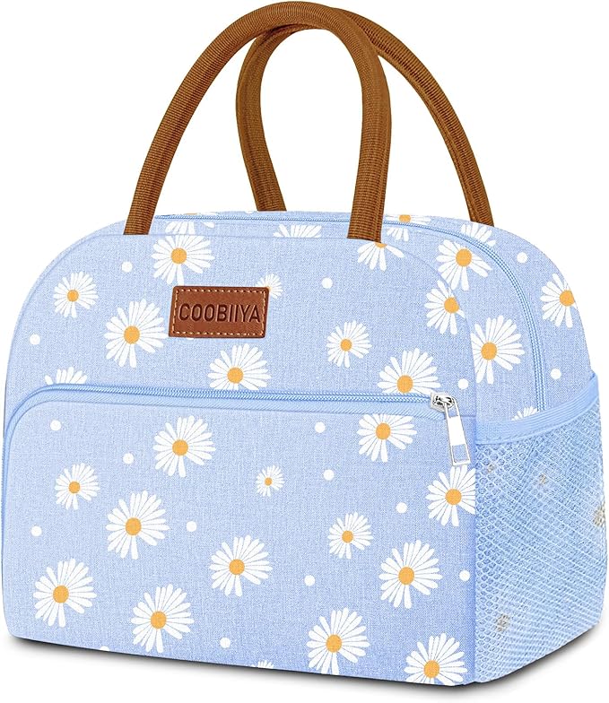 Coobiiya Lunch Bag Lunch Box for Women Men, Reusable Cute Lunchbag - Leakproof, Adult Insulated Lunch Box Tote with Large Capacity, Cooler Container for Work, Travel, Office (Blue Daisy)