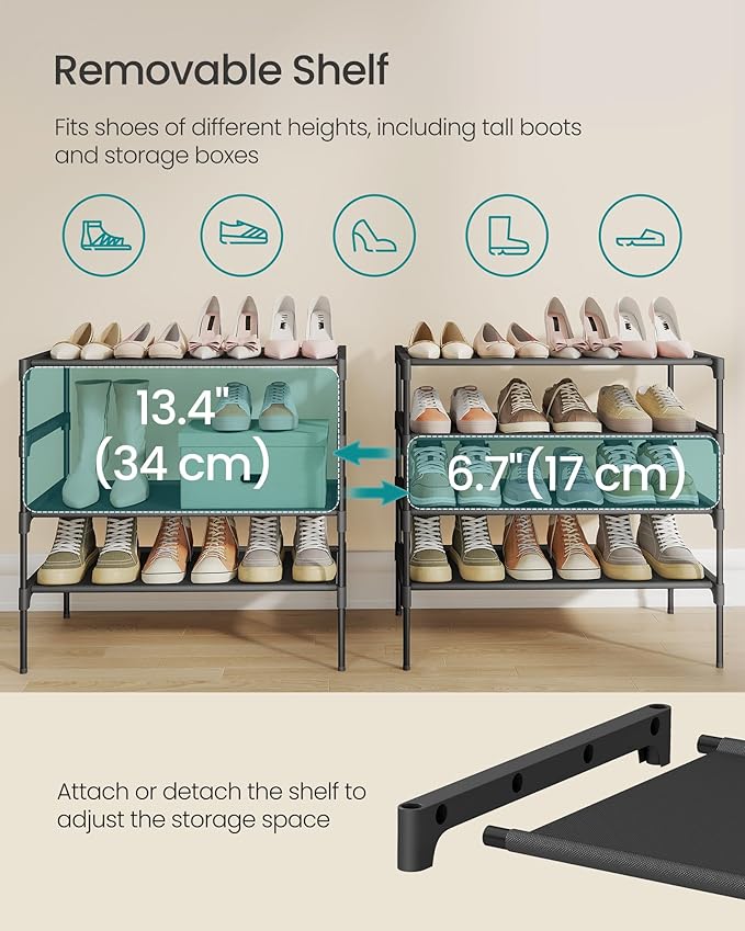 SONGMICS Shoe Rack, 4-Tier Shoe Storage Organizer, Space-Saving, 11.7 x 24.5 x 27.7 Inches, Entryway, Metal Frame, Non-Woven Fabric Shelves, Ink Black ULSH024BH01