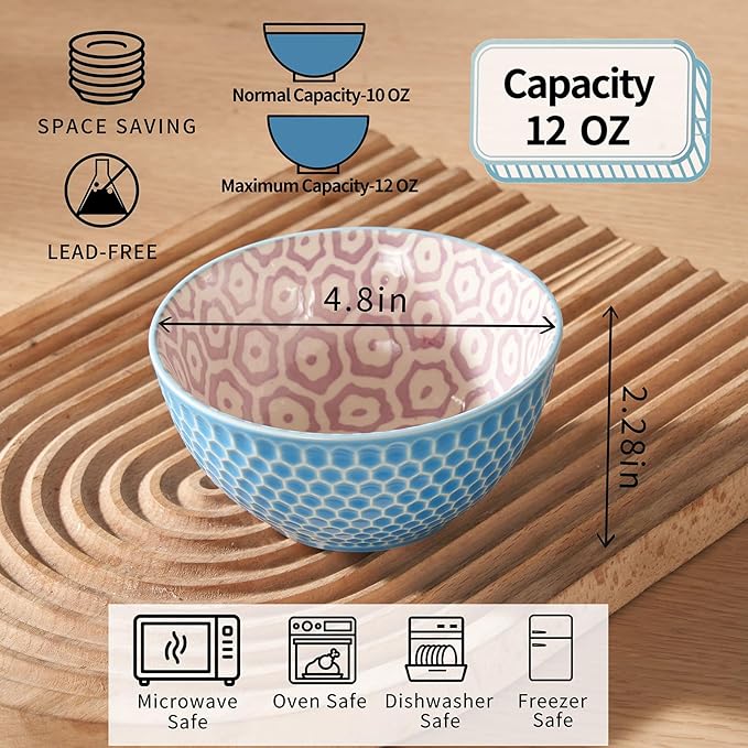 12 Oz Dessert Bowls Set of 6, 4.8" Small Porcelain Ice Cream Bowls Set