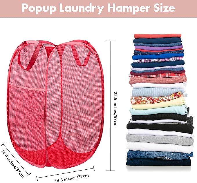 DUCOO Pop Up Hamper, 2 PCS Mesh Pop Up Laundry Hamper, Foldable Mesh Laundry Basket with Space Saving Design for Home, Dorm, Travel and Storage, Red