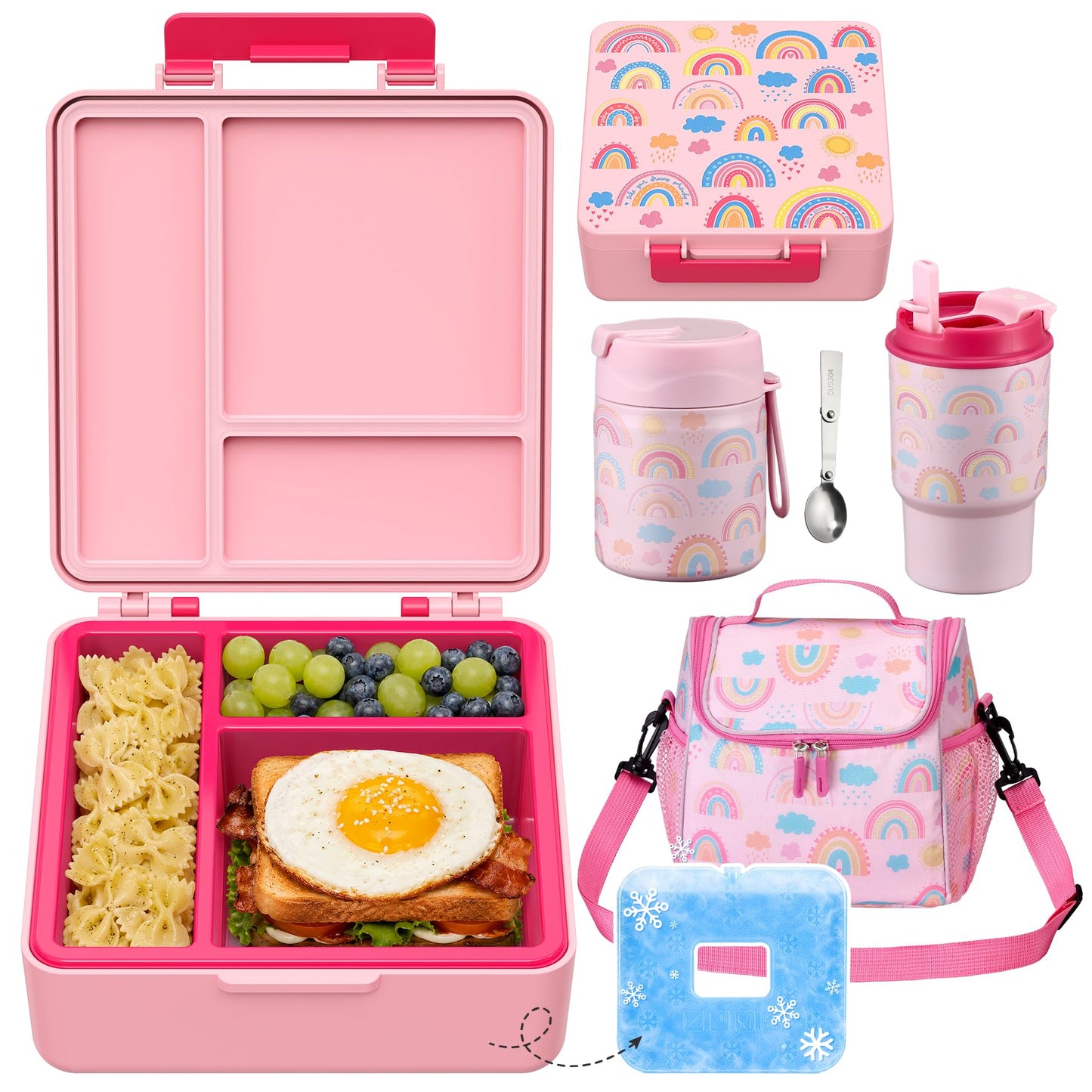 Pawtong Lunch Box Set with Bento Box Container, 17OZ Stainless Steel Food Soup Thermo, Kids Water Bottle & Portable Insulated Lunch Bag, Leakproof, Hot/Cold Retention for School, Travel (Dinasour)