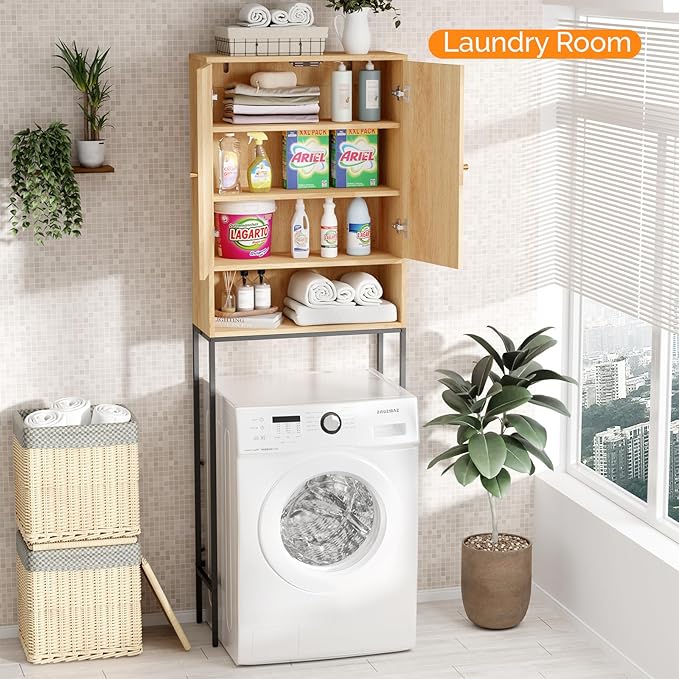 VINGLI Over The Toilet Storage Cabinet, Rattan Bathroom Organizer Behind Toilet,Above Metal Stand Rack Tall Freestanding Wood Cabinet with Wicker Doors,Adjustable Shelf for Bathroom,Restroom,Bohemian