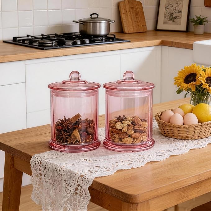 Qtip Holder & Cotton Pad Dispenser, Bathroom Organizer and Storage Canisters, 16oz Glass Apothecary Jars for Kitchen, Restroom - Home Decor Accessories, Room Decor Aesthetic (2 Pack, Pink)