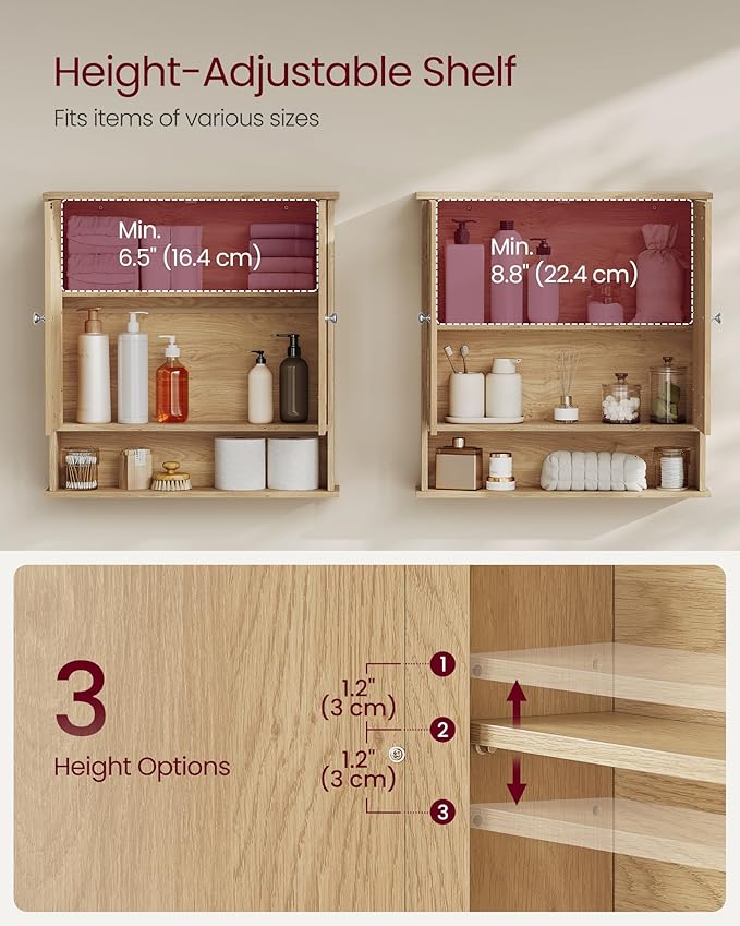VASAGLE Bathroom Cabinet with Mirror, Wall Cabinet with 2 Mirrored Doors, Adjustable Shelf, Open Compartment, Wall-Mounted, 5.1 x 22.2 x 23 Inches, Natural Oak ULHC003Y01