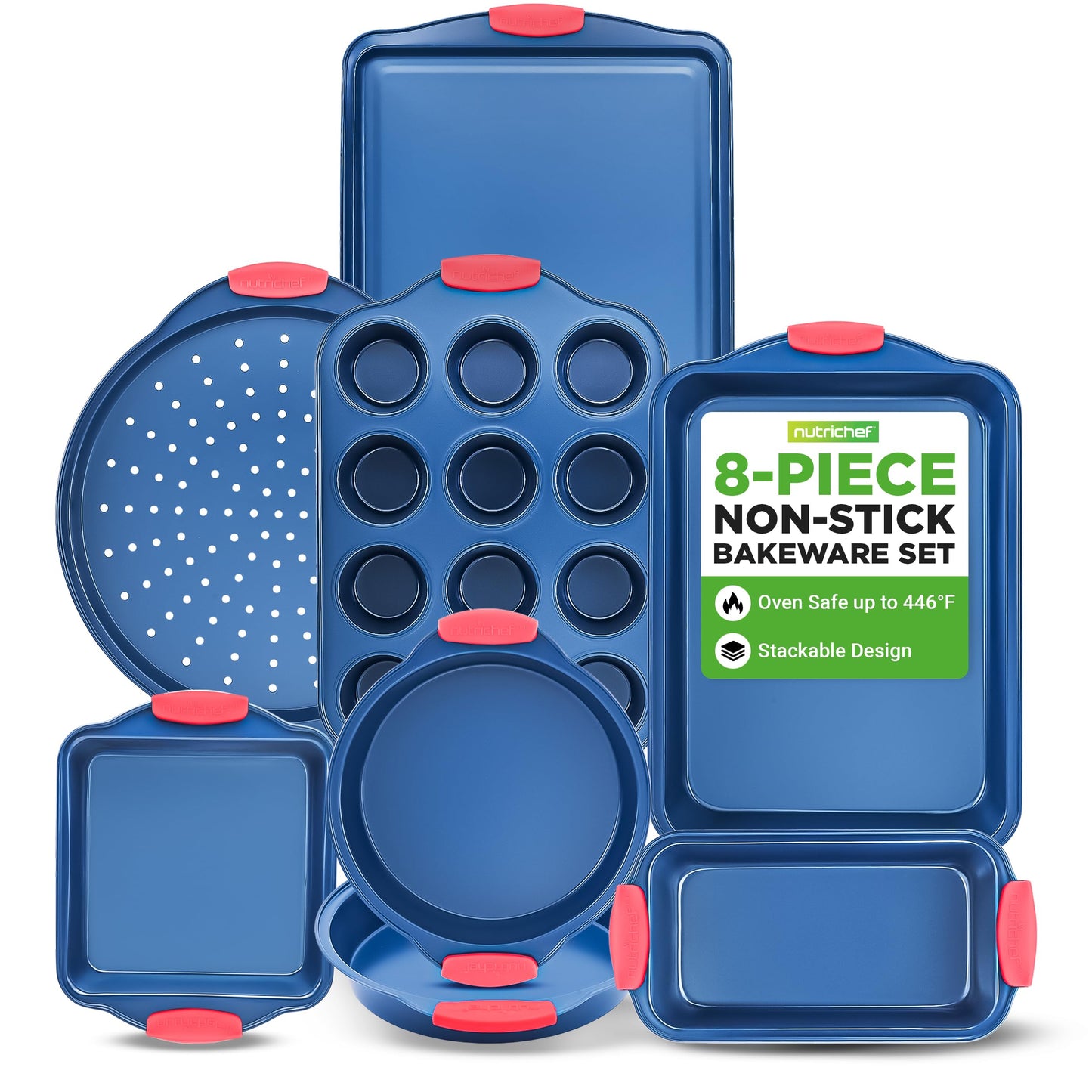 NutriChef 8-Piece Bakeware Set - Nonstick Carbon Steel Baking Pans with Red Silicone Handles, Blue Coating, Durable & Stain-Resistant, Perfect for Baking Cakes, Muffins, Cookies (Blue)