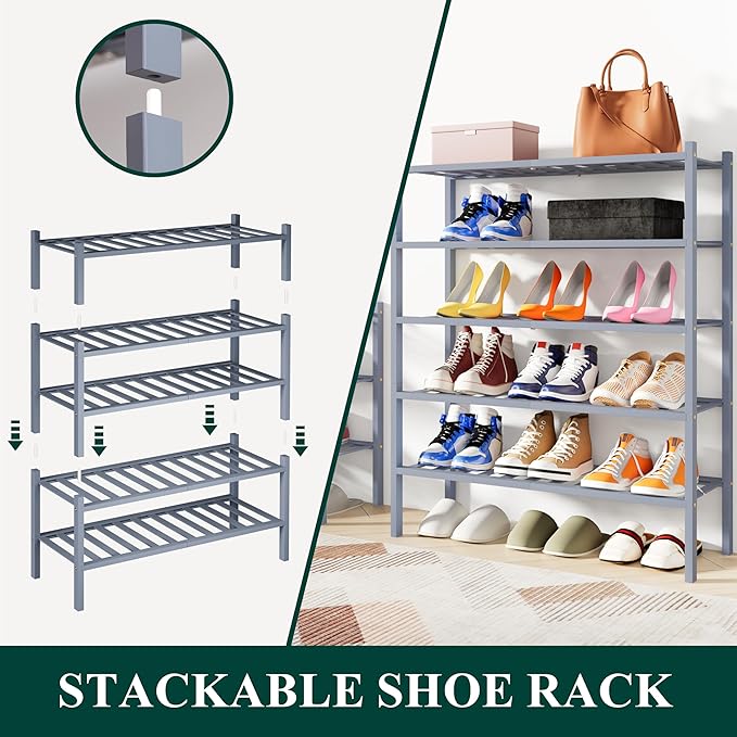 Smiry Shoe Rack, 5 Tier Bamboo Shoe Organizer, Stackable Free Standing Wooden Shoe Storage Shelf for Closet, Entryway, Front Door Entrance, Grey