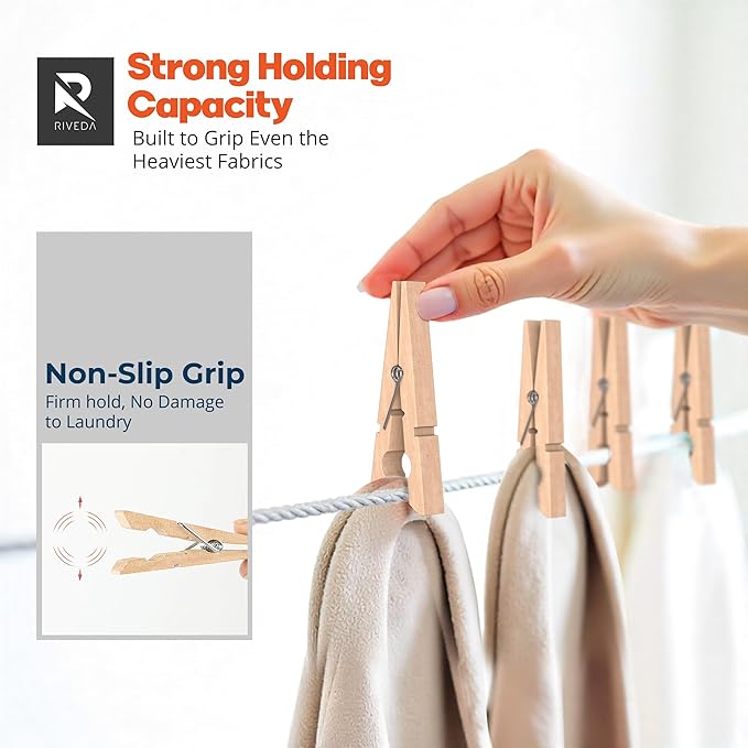 RIVEDA 50pcs Wooden Clothes Pins with Storage Bag, 2.9 Inch Natural Wood Clothespins, Strong Grip Laundry Clips for Clothesline, Hanging Clothes, Crafts & Home Use