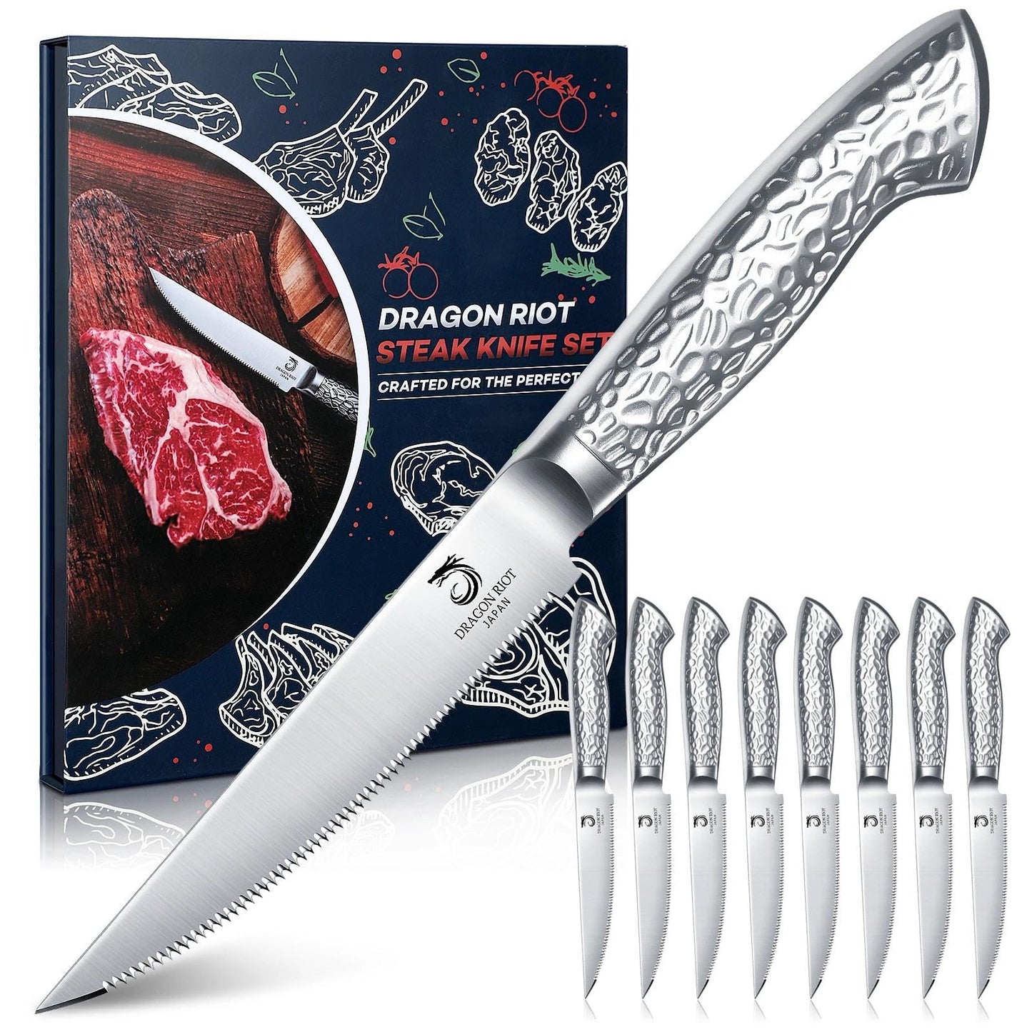 DRAGON RIOT 8-Piece Serrated Steak Knife Set, Stainless Steel