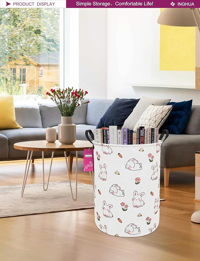 Laundry Hamper Large Canvas Fabric Lightweight Storage Basket/Toy Organizer/Dirty Clothes Collapsible Waterproof for College Dorms, Boys and Girls Bedroom,Bathroom(rabbit)