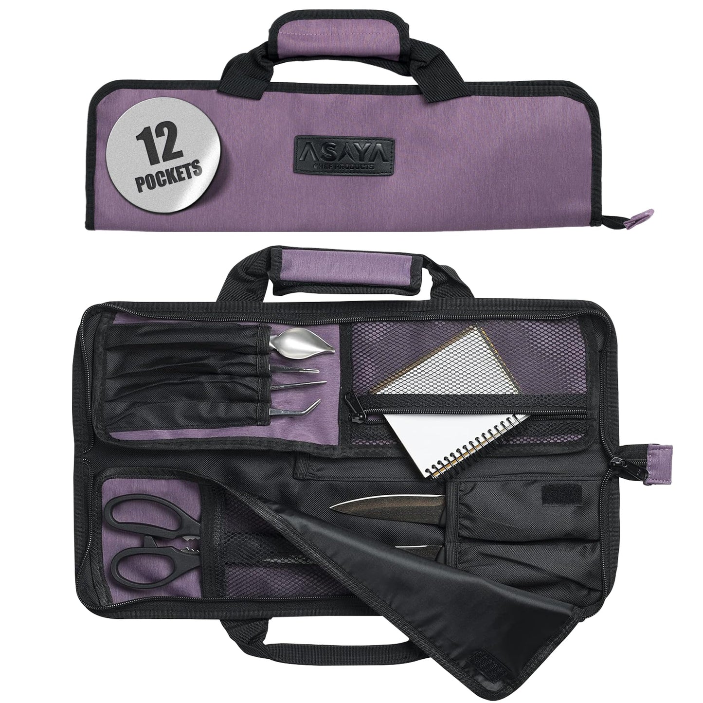 Asaya Chef Knife Roll Bag - 12-Pocket Chefs Case for Kitchen Knives and Utensils, Lightweight Stain-Resistant Waxed Nylon Chef Knife Bag - Knives Not Included (Grey)