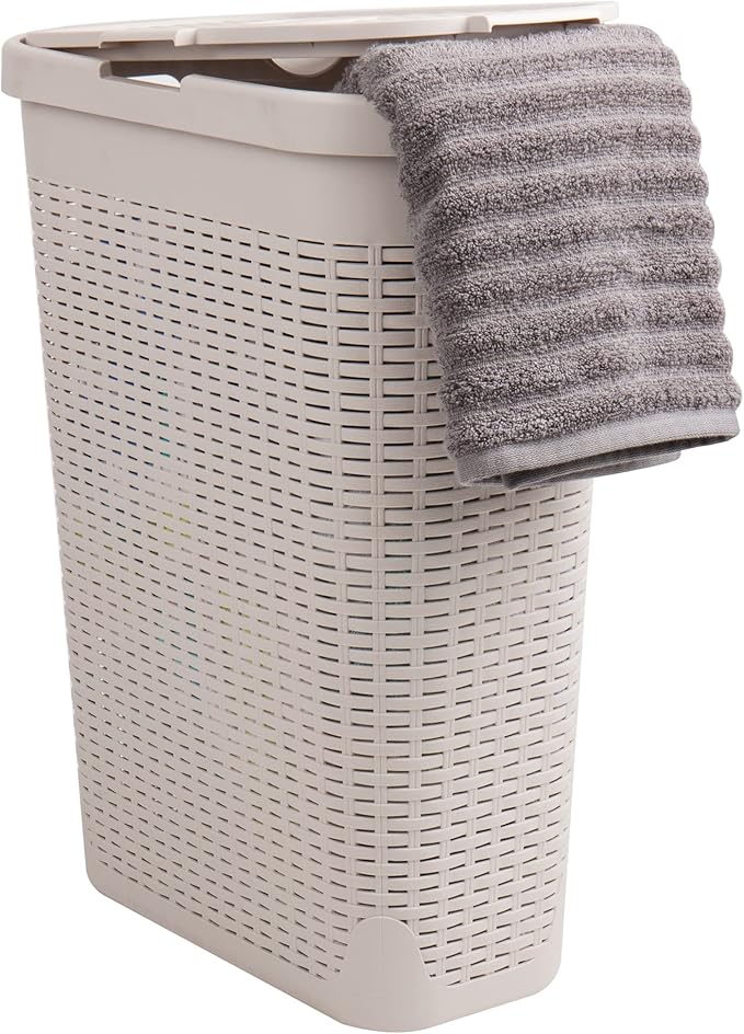 Mind Reader Slim Laundry Hamper with Lid, 40L Clothes Basket, Premium Wicker Design, Plastic, Ivory