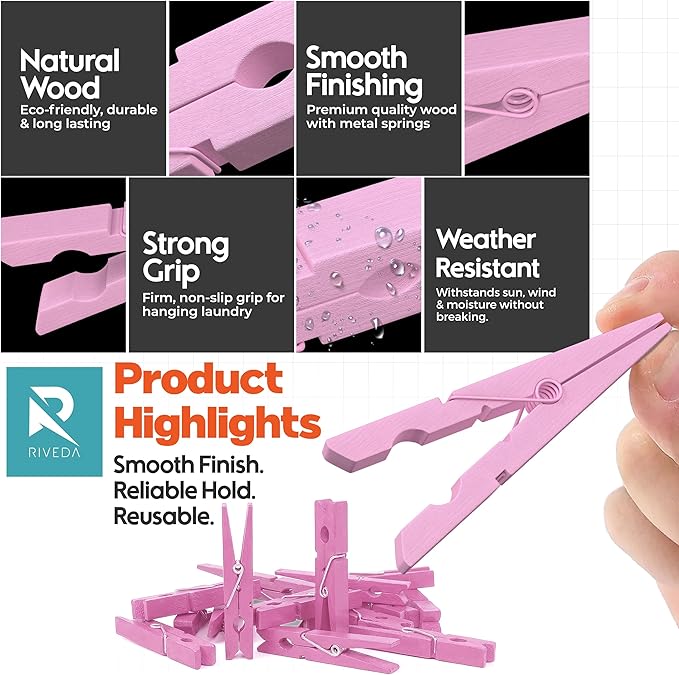 50 Pack Colored Clothes Pins Wooden for Crafts, 2-7/8" Inch Clothespins, Home & Classroom Must Haves, Decor & Crafts, Hanging Pictures, Light Pink