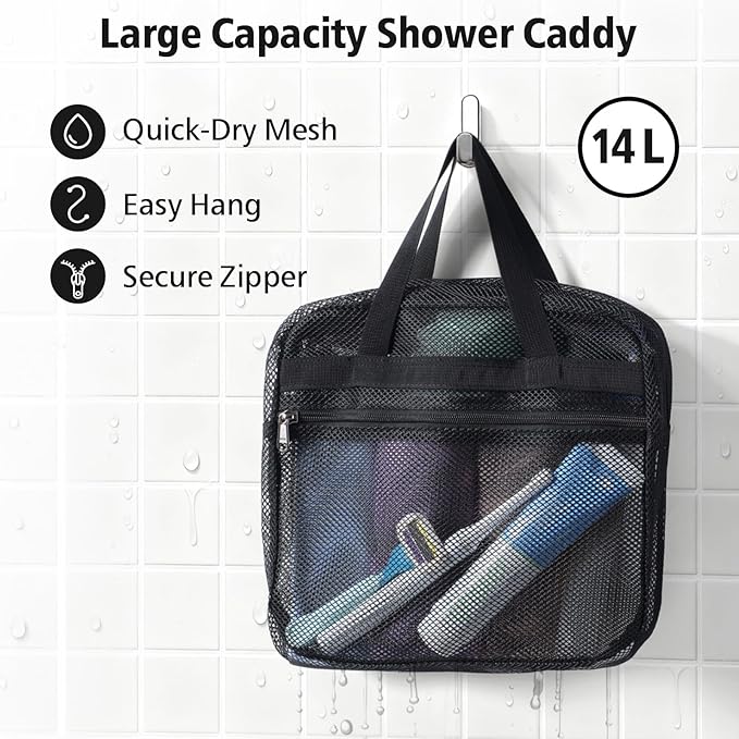 F-color Mesh Shower Caddy Portable with Zipper -Dorm Room Essentials for Guys Girls with S Hook, Shower Bag Basket Tote for College Camping Toiletry Bathroom, Black
