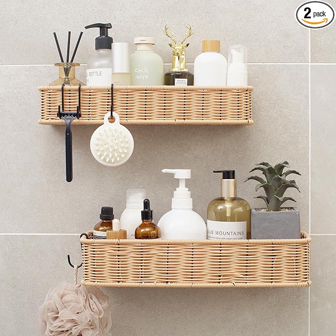GRANNY SAYS Shower Caddy Hanging, 2 Pack Bathroom Shelves for Shower, Waterproof Shower Shelf for Inside Shower, Shower Shelves for Organization and Storage, Wicker Shower Rack for Home Decor, Natural