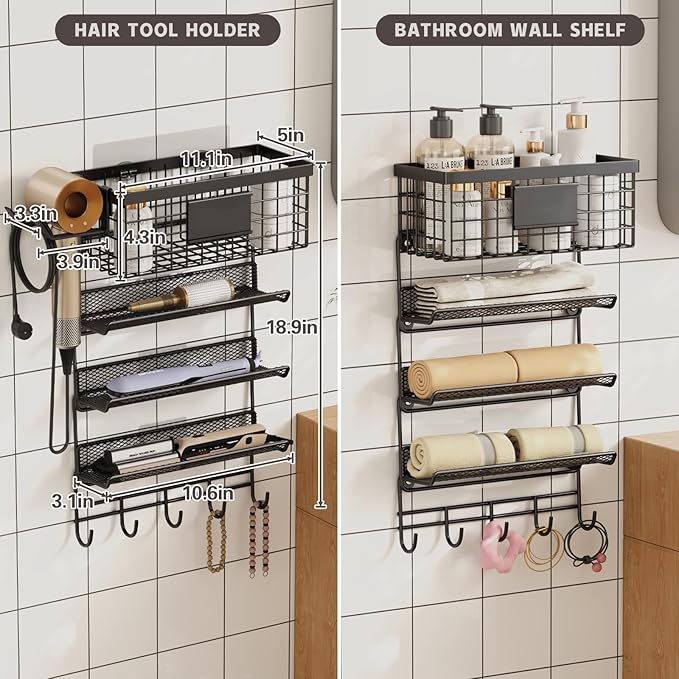 Hair Dryer Holder Wall Mounted, Adheisve Hair Styling Tool Organizer for hair Brush/Appliance Wall Mount with 5 Tier Shelf Basket Hooks Blow Dryer and Straightener Holder for Bathroom(Black)