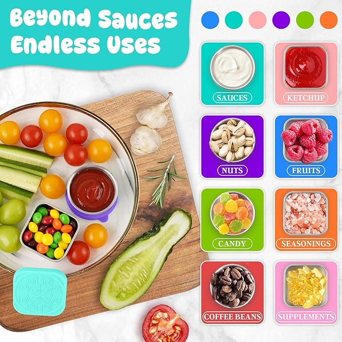 6PCS Salad Dressing Container to Go, Leakproof Reusable Stainless Steel small container with lid,Sauce Containers for Lunch box,Picnics,Travel,Office and Meal Prep-1.6+2.7 Sets