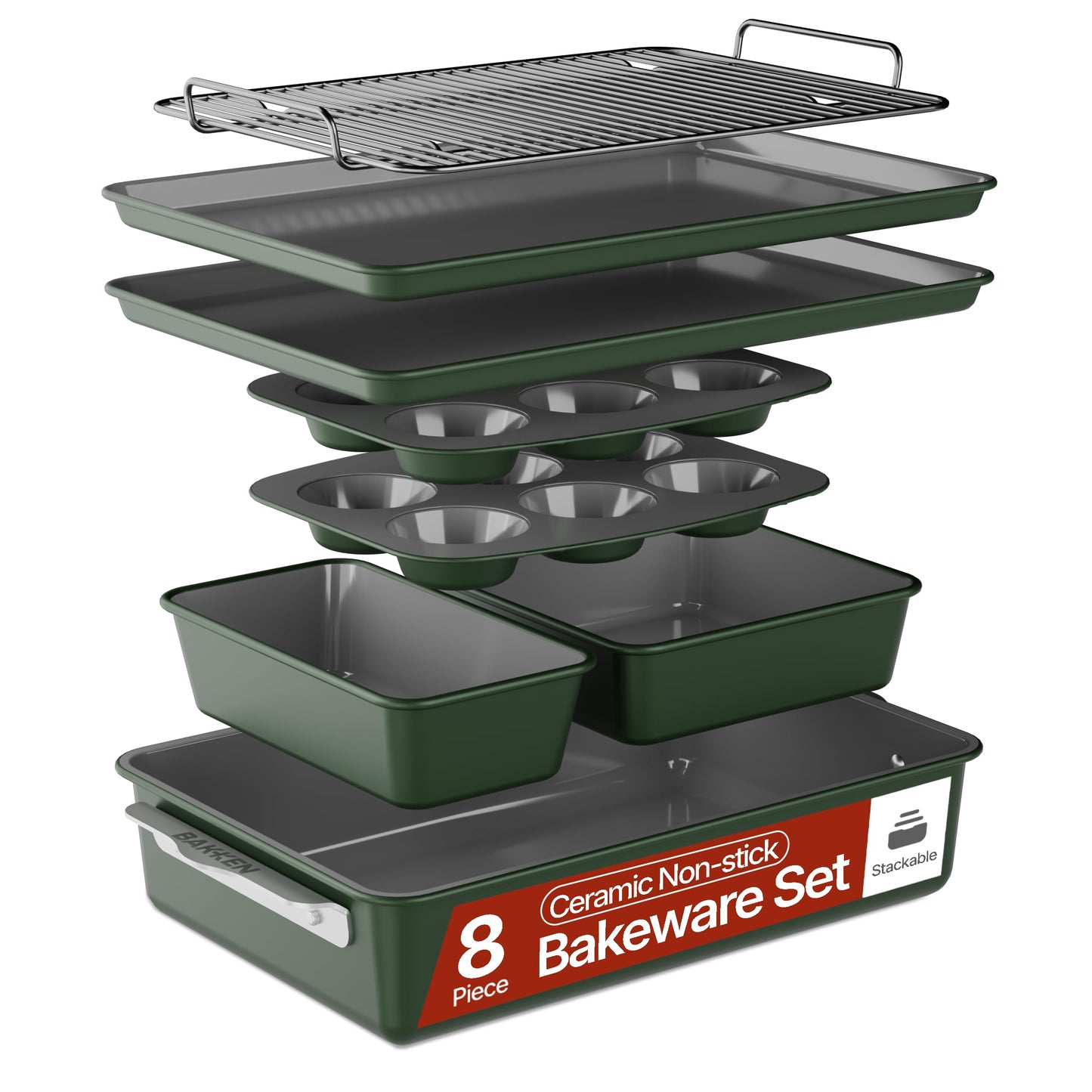 Bakken 8-Piece Ceramic Coated Bakeware Sets, Nonstick Aluminized Steel Pans with Muffin, Loaf, Cake, Roasting Pan, & Cooling Rack, Oven Safe Up To 500°F, Dishwasher Safe, BPA, PTFE & PFAS Free, Green
