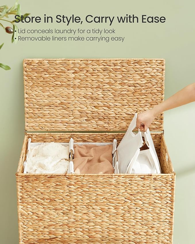 SONGMICS Laundry Hamper 3 Sections, 47.5 Gal. (180 L) Handwoven Water Hyacinth Wicker Laundry Basket with Lid, Natural Material, Removable Machine Washable Liners, Handles, Natural ULCB203Y01