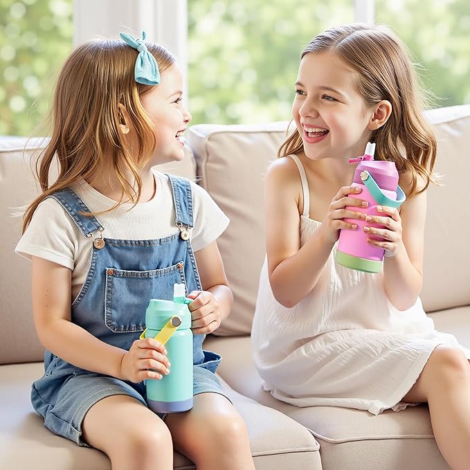 Kerilyn 12oz Kids Water Bottle 2 Pack, Stainless Steel Insulated Water Bottle Bulk, Toddler Cups with Straws Leak-Proof, Kids Water Bottles for School Boys Girls, BPA Free, Blue+Green 2 Piece Set