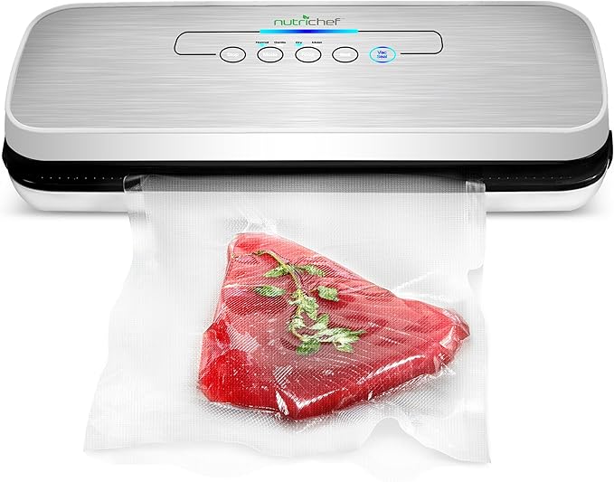 NutriChef Stainless Steel Vacuum Sealer For Food - High-Power Machine with Adjustable Suction, Dry & Moist Modes, LED Lights, Bags, Wine Stopper & Hose, Easy Plug-in Design, Lab-Tested Food Storage