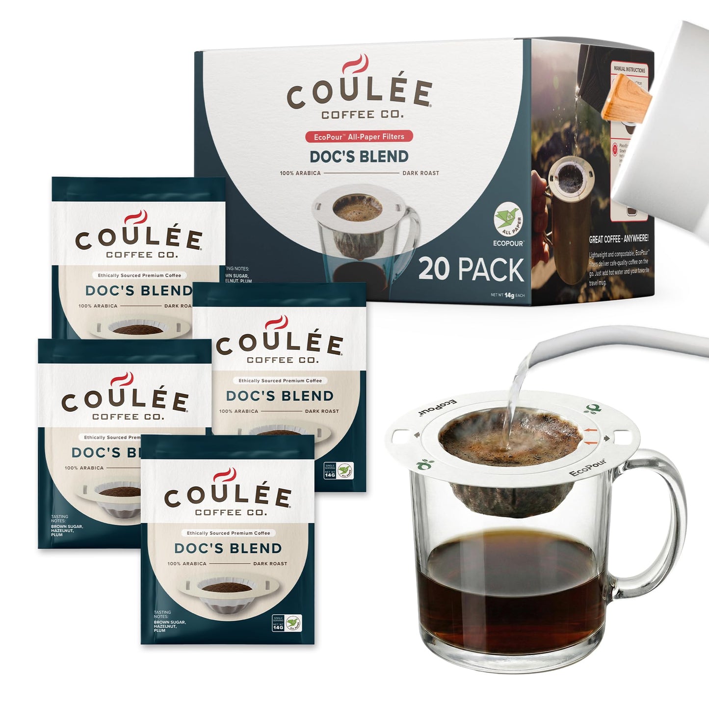 Coulée EcoPour Coffee Variety Pack, Single Serve, 4 Flavors, 20 Pack