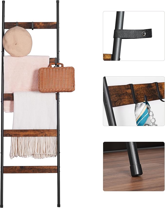 ELYKEN Blanket Ladder for Living Room, Farmhouse 5-Tier Quilt Holder with 4 Removable Hooks for Bathroom, Wood Towel Rack Display, Wall Anchor Leaning Decorative Stand for Home, Rustic Brown