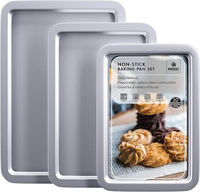 HONGBAKE Cookie Sheets, Baking Sheet Set, Nonstick Oven Pan with Wider Grips, 3 Pack Half/Jelly Roll/Quarter Baking Tray, Premium & Dishwasher Safe
