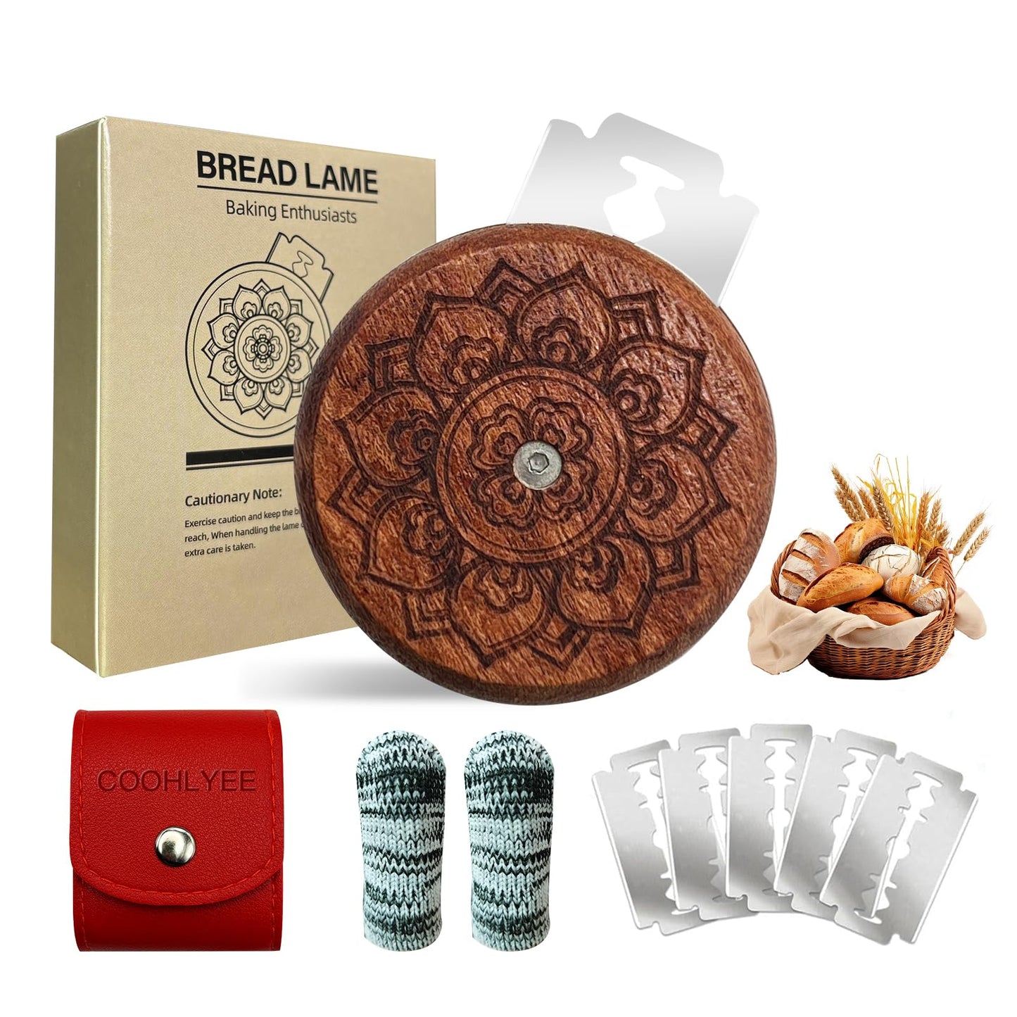 COOHLYEE UFO Bread Lame for Sourdough, Wooden Sourdough Scoring Tool with PU Storage Case, 5 Replaceable Blades and Finger Protectors, Bread Scorer for Homemade Bread Baking Gifts