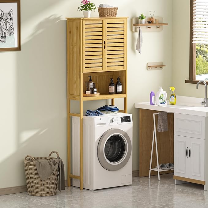 Over-The-Toilet Storage Shelf with Doors, Bathroom Freestanding Bamboo Organizer Space Saver with Adjustable Shelf, Natural