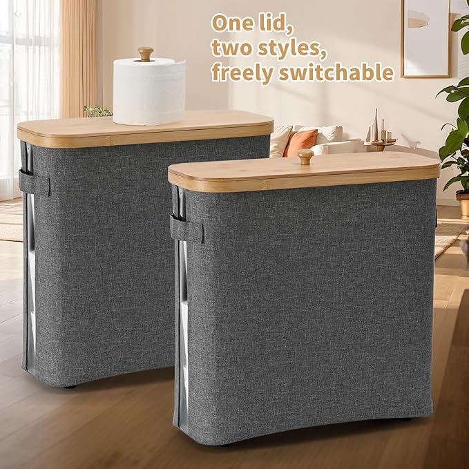 32L Bathroom Toilet Paper Storage Basket with Lid and Handle - Mega Capacity， Bamboo Collapsible Toilet Paper Holder Storage with Non-Slip Bottom, Extra Toilet Roll Storage, Elegant Gray，1 Pack