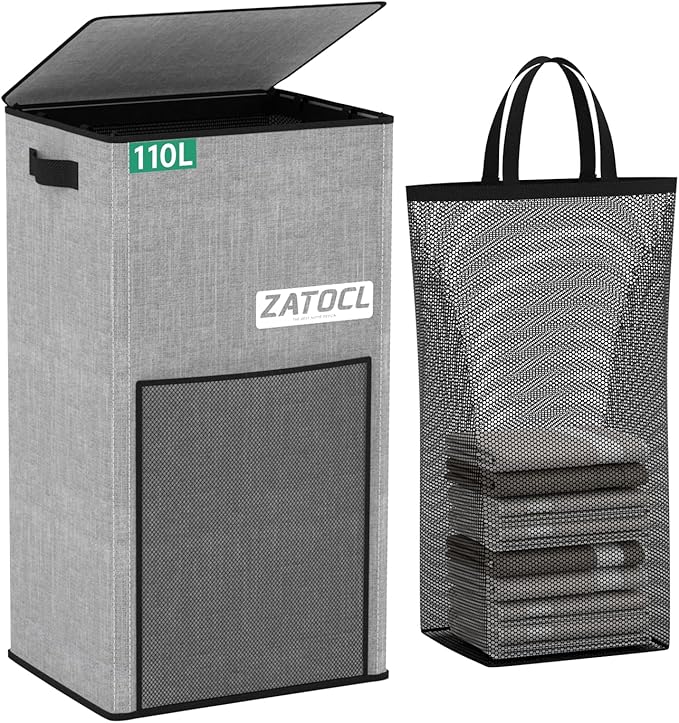 Laundry Hamper with Lid 110L, Large & Tall Laundry Basket with Removable Bag & Front Mesh Bag, Collapsible Dirty Clothes Hampers for Bedroom Aesthetic, Bathroom, Dorm, Laundry Room - Easy Carry, Grey