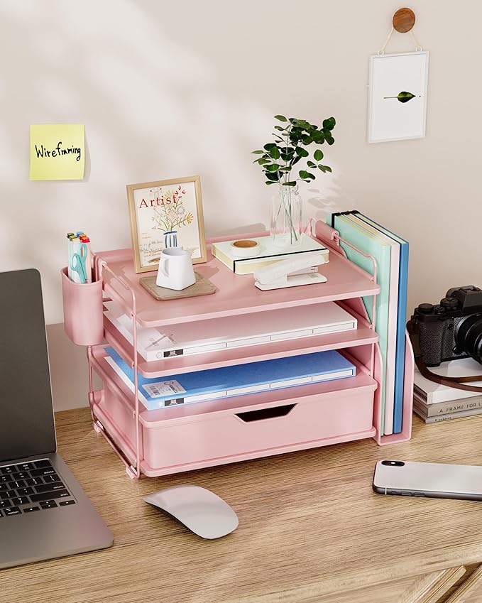 Kitsure Desk Organizer - 4-Tier Office Desk Accessories with Drawer ＆ Pen Holder, Tool-Free Assembly Organizer with Non-Slip Pads, for Office Supplies Storage, Plastic, 13.3" x 8.0" x 10.8", Pink