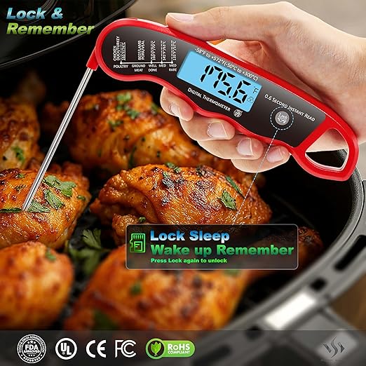 0.6S Instant Read Digital Meat Thermometer Pen for Outdoor BBQ, Grilling, Smoking, Oven Baking, Oil, Candy with Factory-Calibrated Waterproof Magnetic Backlit Flip Display, Motion Sensor.
